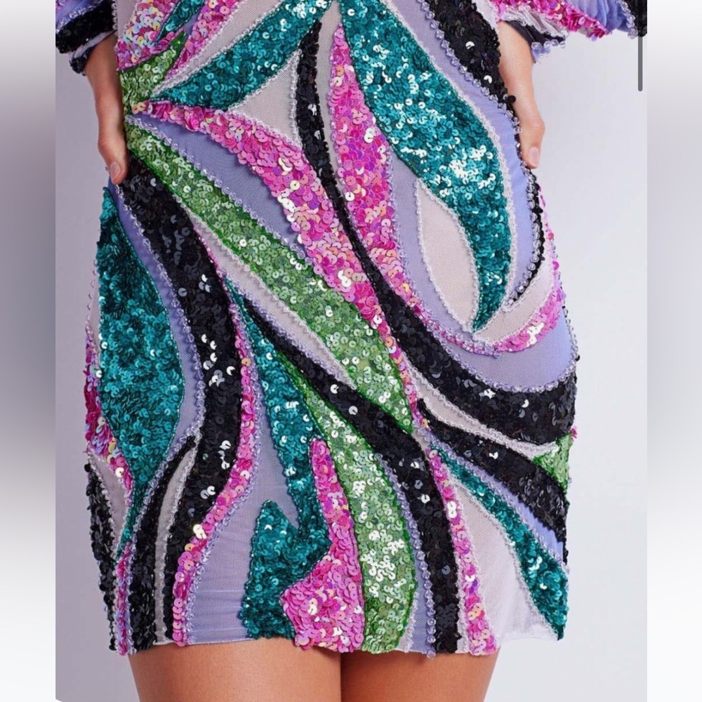NWT PatBO Delos beaded sequin multi color long sleeve mesh mini dress 8 - Picture 6 of 12